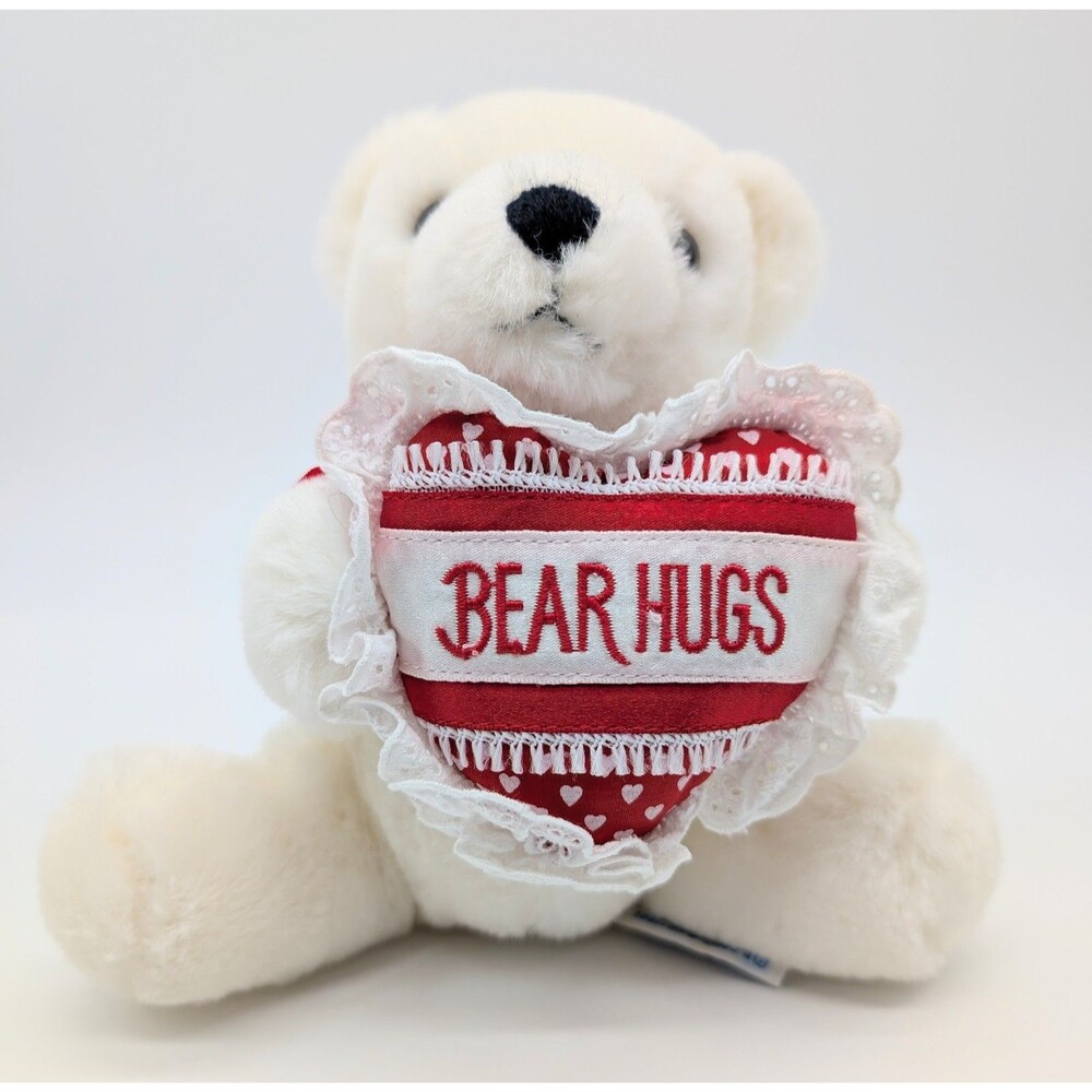 Dakin 1985 Bear Hugs White Teddy Bear Plush w/ Heart 6.5 in Stuffed Animal